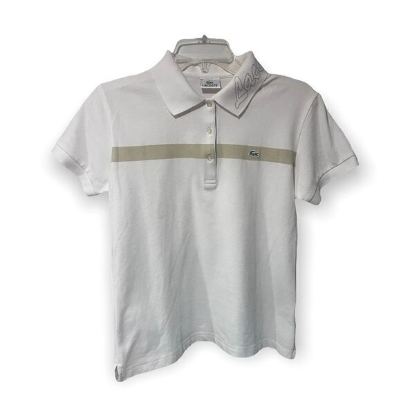 LACOSTE SLIM FIT LETTERED COLLAR SINGLE STRIPE POLO SHIRT WHITE/TAN S - Picture 2 of 13